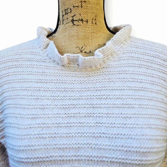 Madewell Ruffle-Neck Light Beige Sweater In Cotton-Merino Yarn, Size XS - Picture 4 of 7